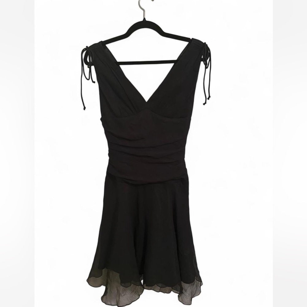 Express Vintage Y2K Black Silk Mini Dress Sleeveless A Line V Neck Lettuce Hem - Picture 5 of 7